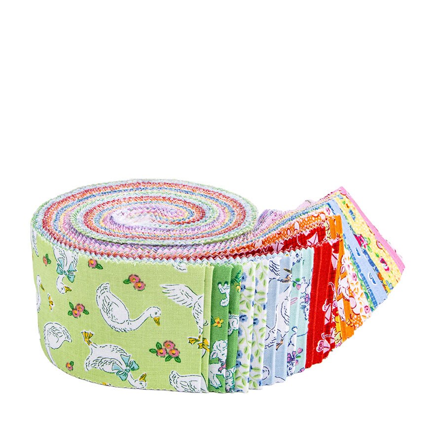Traditional 30's Rolie Polie by Lindsay Wilkes unrolled – 1930s reproduction feedsack floral strips in pink, lavender, green, blue, red, orange and yellow