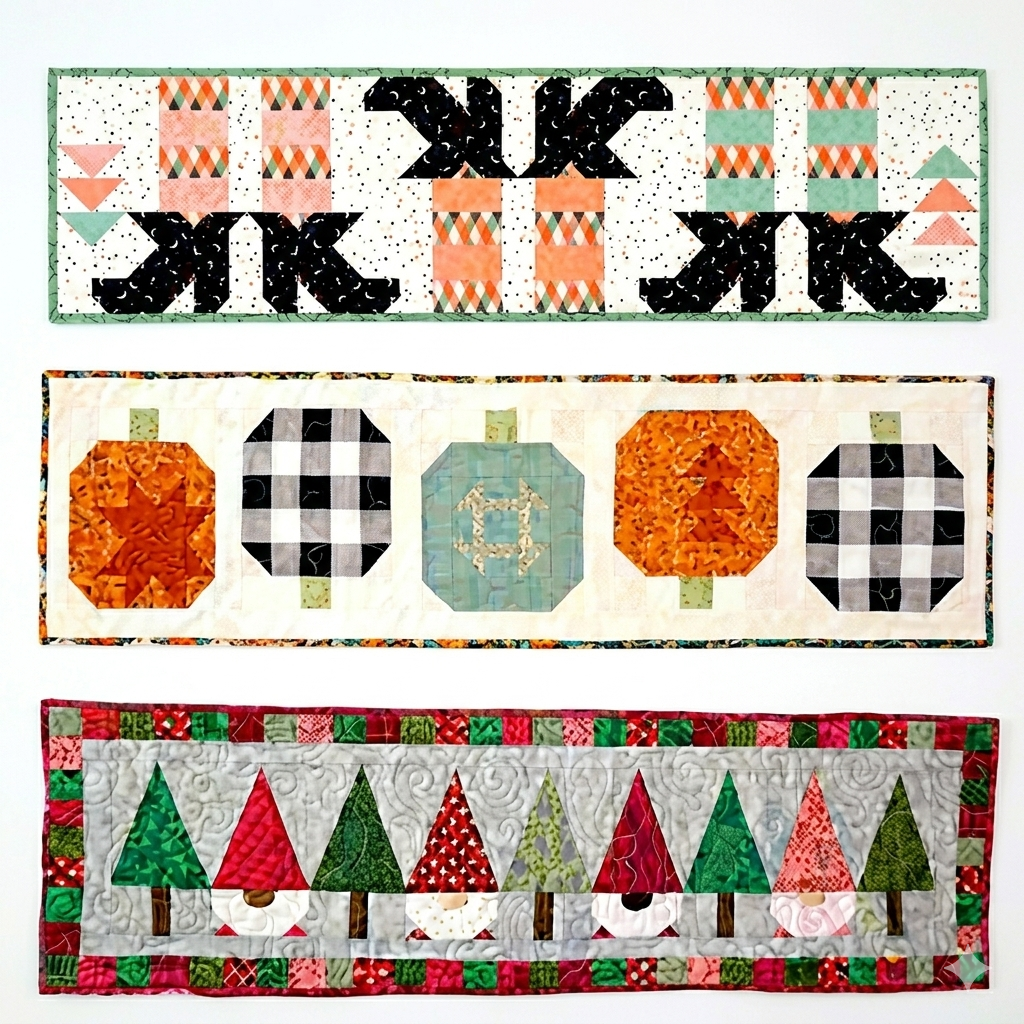 our Holiday Bundle with Specialty witch feet table runner, Pumpkin and Christmas gnomes table runners