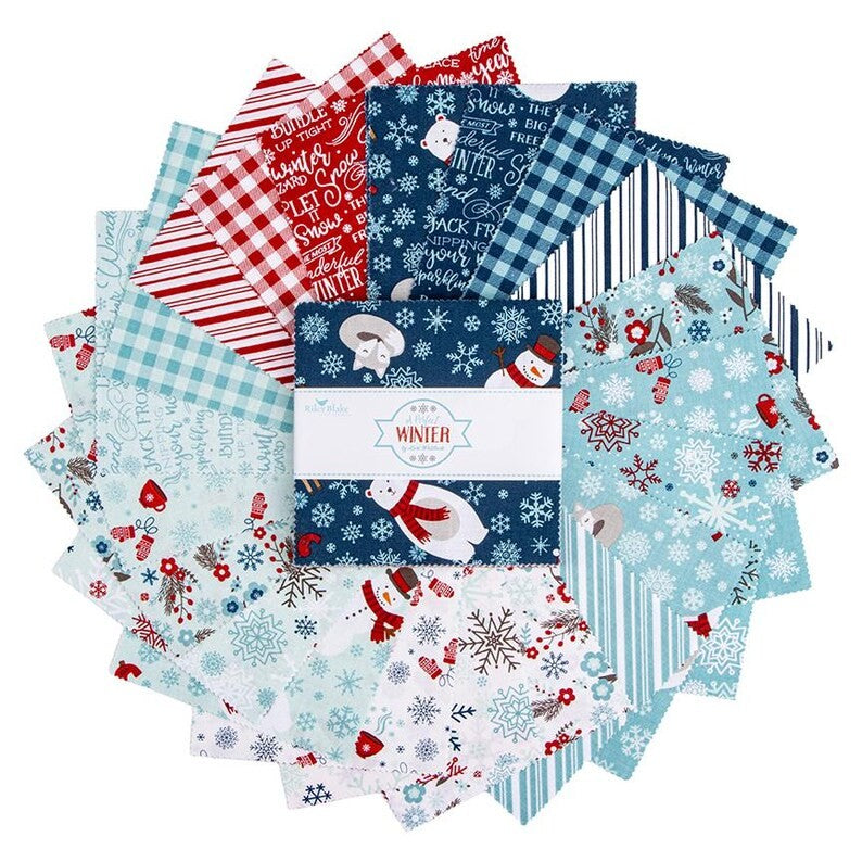 A Perfect Winter 5 inch squares flat lay detail Lori Whitlock Riley Blake Designs winter blue white