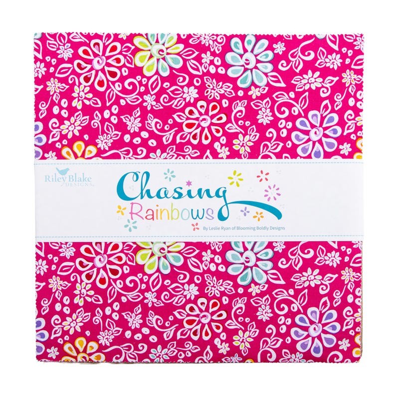 Chasing Rainbows 10 inch Stacker layer cake 42 pieces by Leslie Ryan Blooming Boldly Designs Riley Blake Designs 10-18010-42 floral rainbow