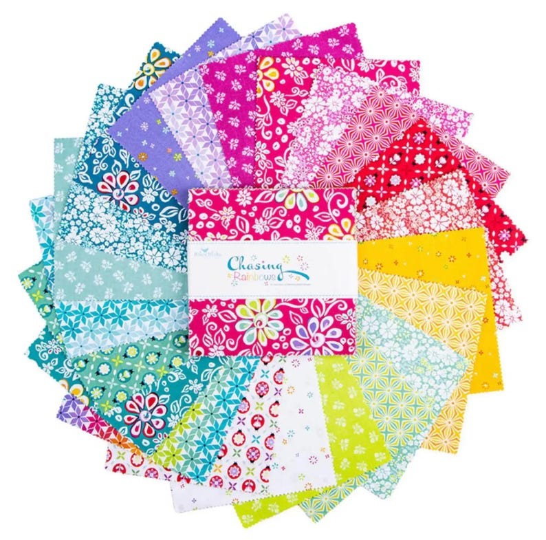 Chasing Rainbows 5 inch squares lifestyle detail Leslie Ryan Riley Blake Designs floral rainbow garden