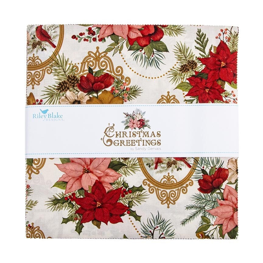 Christmas Greetings 10 inch Square Layer Cake precut quilt fabric by Sandy Gervais for Riley Blake Designs 10-17660-42