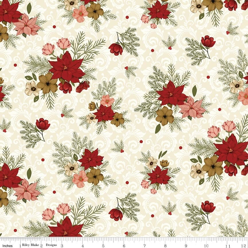 Christmas Greetings Floral Cream fabric by Sandy Gervais for Riley Blake Designs CD17661-CREAM holiday floral damask