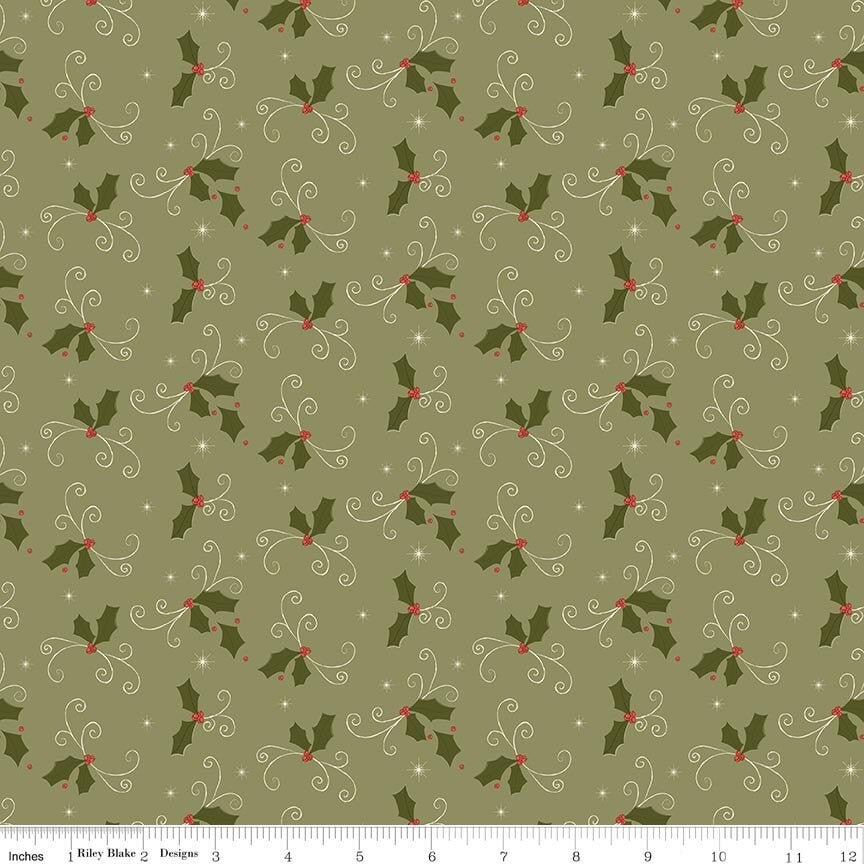 Christmas Greetings Holly Spruce fabric by Sandy Gervais for Riley Blake Designs C17663-SPRUCE holly leaves berries green