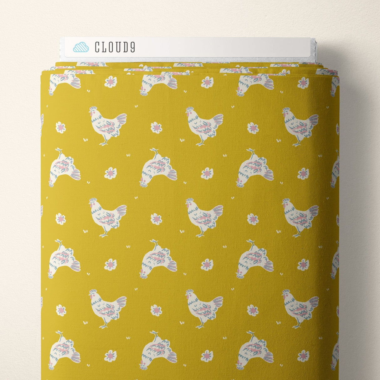 Happy Hens Gold fabric by Samantha Johnson for Cloud 9 Fabrics Happy Homestead by the yard organic cotton poplin hens