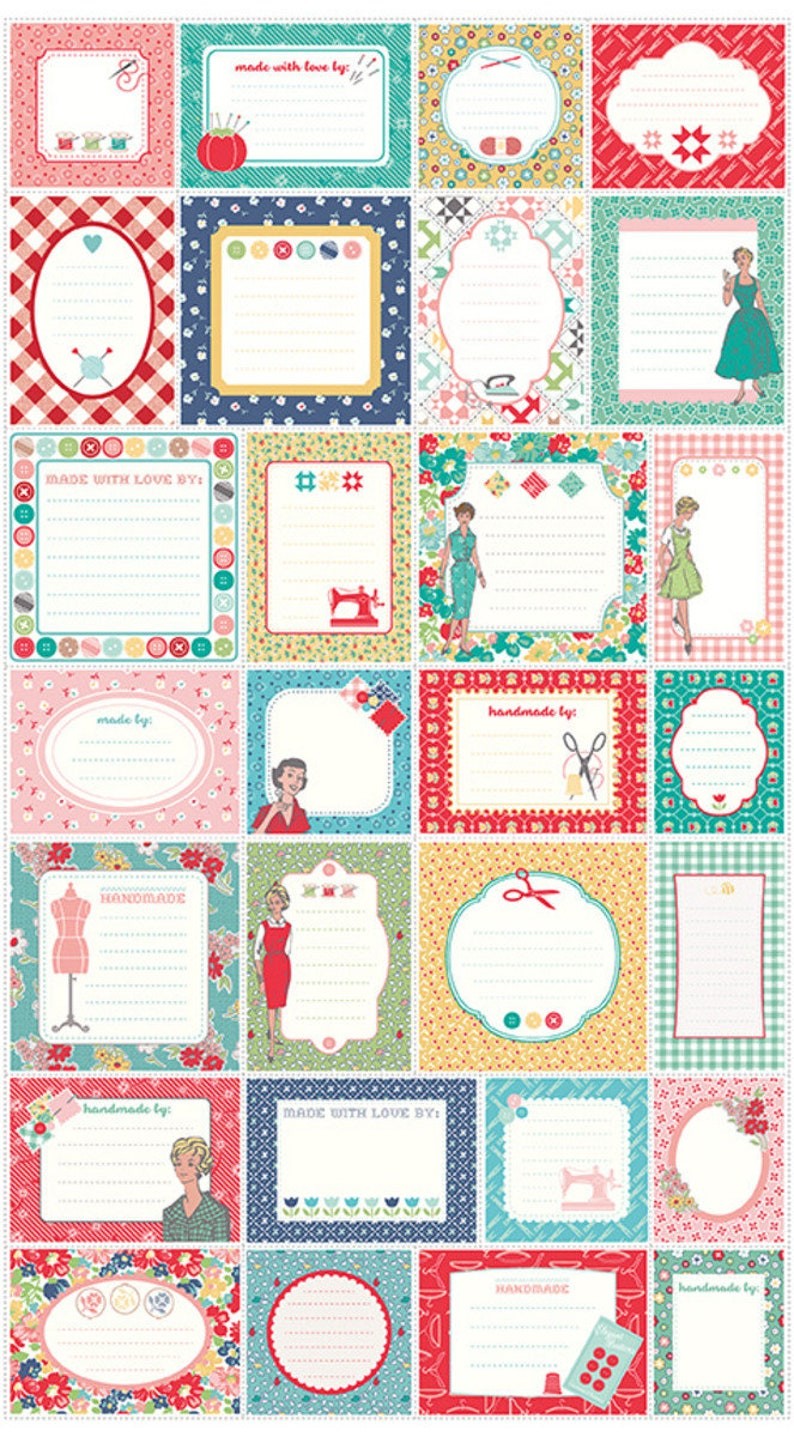 My Happy Place Label Panel Multi fabric by Lori Holt for Riley Blake Designs P9316-MULTI quilting labels colorful