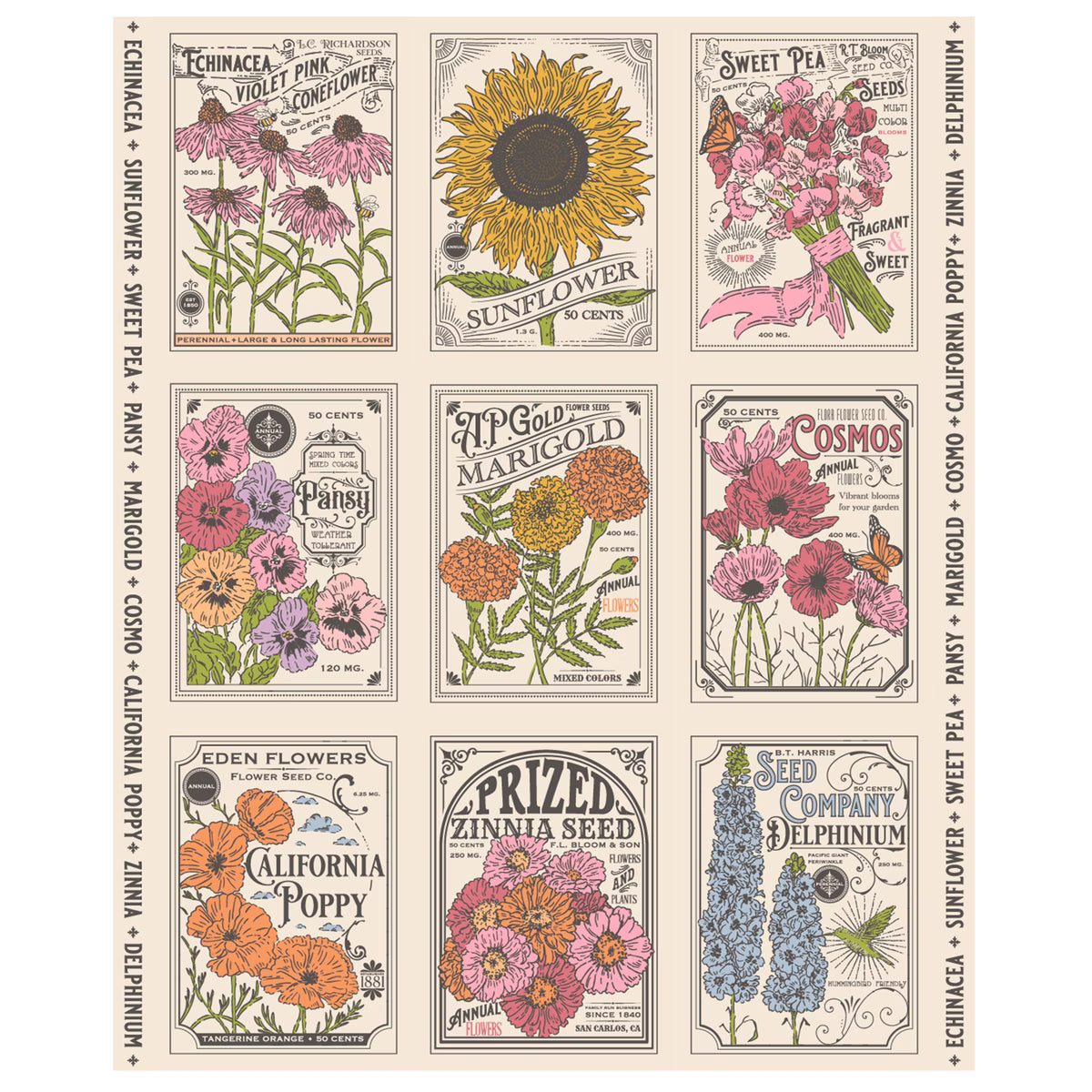 My Secret Garden Cloud Panel 20988 11 by Stacy Iest Hsu for Moda Fabrics – vintage flower seed packet blocks with sunflower, cosmos, marigold, zinnia and poppy on cream, 36 x 44 inch quilt panel