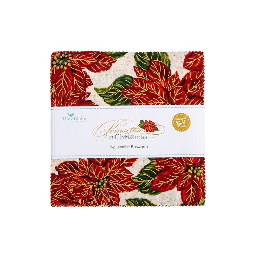 Poinsettias at Christmas 5 inch Stacker charm pack precut quilt fabric by Jennifer Bosworth for Riley Blake Designs 5-17630-42
