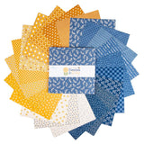 Denim & Daisy 10 inch Stacker by Lori Holt fanned out – denim blue, golden yellow and cream daisy, plaid and text print squares
