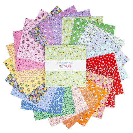 Traditional 30's 10 inch Stacker by Lindsay Wilkes fanned out – 1930s reproduction feedsack florals in pink, lavender, green, blue, red, orange and yellow
