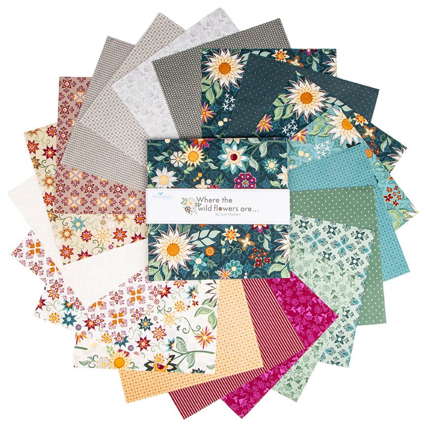 Where the Wild Flowers Are 10 inch Stacker by Judi Madsen fanned out – teal, sage, gray, cream, berry and gold folk floral squares