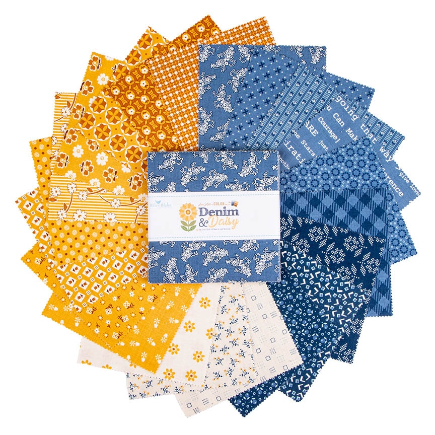 Denim & Daisy 5 inch Stacker by Lori Holt fanned out – denim blue, golden yellow and cream daisy, plaid and text print charm squares