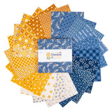 Denim & Daisy 5 inch Stacker by Lori Holt fanned out – denim blue, golden yellow and cream daisy, plaid and text print charm squares