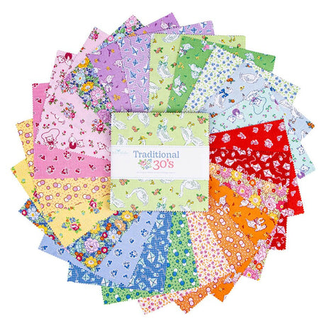 Traditional 30's 5 inch Stacker by Lindsay Wilkes fanned out – 1930s reproduction feedsack floral charm squares in pink, lavender, green, blue, red, orange and yellow