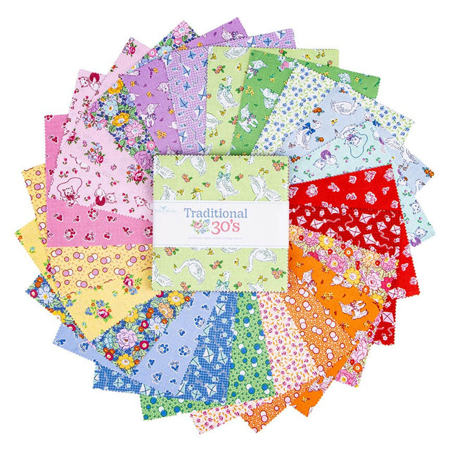 Traditional 30's 5 inch Stacker by Lindsay Wilkes fanned out – 1930s reproduction feedsack floral charm squares in pink, lavender, green, blue, red, orange and yellow