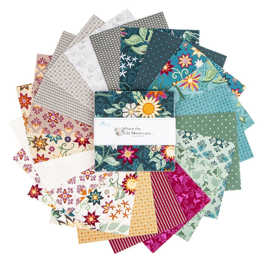 Where the Wild Flowers Are 5 inch Stacker by Judi Madsen fanned out – teal, sage, gray, cream, berry and gold folk floral charm squares