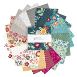 Where the Wild Flowers Are 5 inch Stacker by Judi Madsen fanned out – teal, sage, gray, cream, berry and gold folk floral charm squares