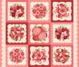 Je Taime Lace Doily Panel 20998-11 by Stacy Iest Hsu for Moda Fabrics – nine pink and red floral bouquet blocks framed in scalloped lace doilies, 36 x 44 inch quilt panel
