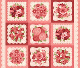 Je Taime Lace Doily Panel 20998-11 by Stacy Iest Hsu for Moda Fabrics – nine pink and red floral bouquet blocks framed in scalloped lace doilies, 36 x 44 inch quilt panel
