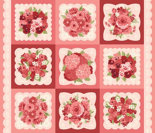 Je Taime Lace Doily Panel 20998-11 by Stacy Iest Hsu for Moda Fabrics – nine pink and red floral bouquet blocks framed in scalloped lace doilies, 36 x 44 inch quilt panel