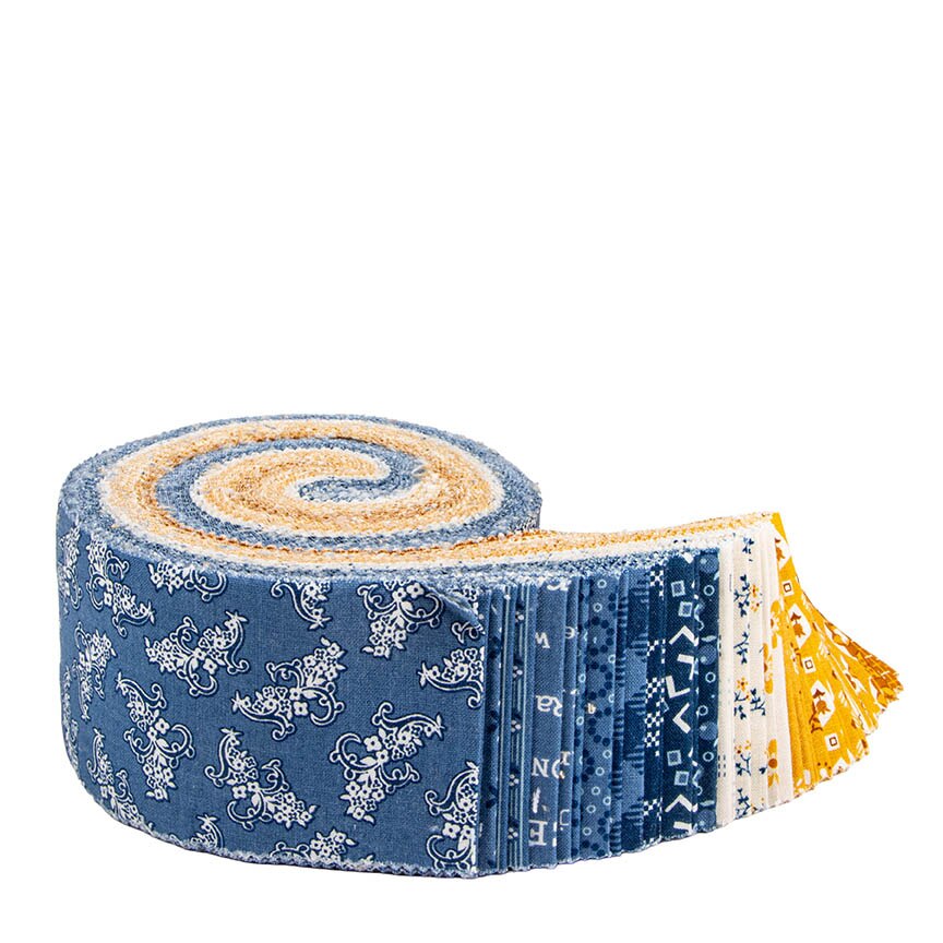 Denim & Daisy Rolie Polie by Lori Holt unrolled – denim blue, golden yellow and cream daisy, plaid and text print 2.5 inch strips