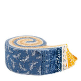 Denim & Daisy Rolie Polie by Lori Holt unrolled – denim blue, golden yellow and cream daisy, plaid and text print 2.5 inch strips