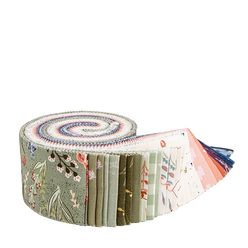 Hedgerow Haven Rolie Polie by Amber Elliot unrolled – sage, navy, plum, terracotta, blush and cream garden floral and gingham 2.5 inch strips