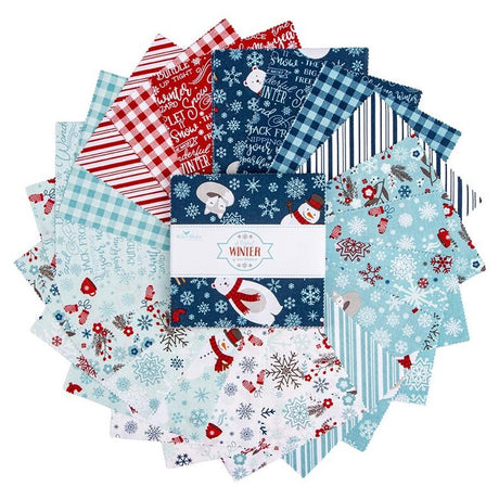 A Perfect Winter 5 inch squares flat lay detail Lori Whitlock Riley Blake Designs winter blue white