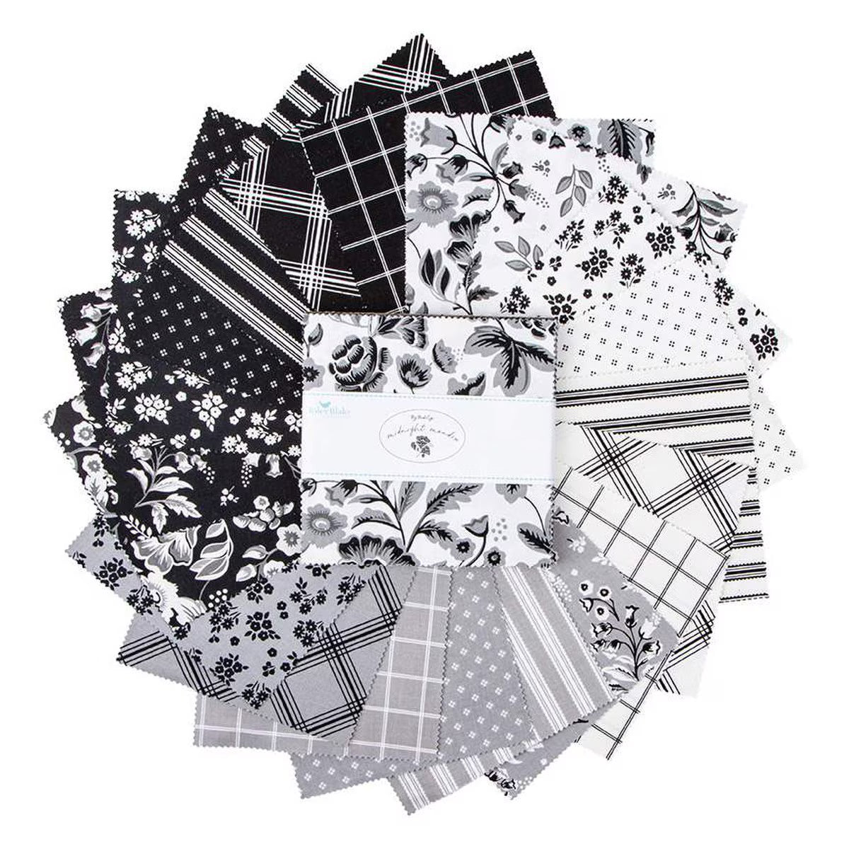 Midnight Meadow Black and White Charm Pack 5 inch Squares Riley Blake