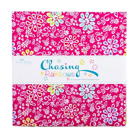 Chasing Rainbows 10 inch Stacker layer cake 42 pieces by Leslie Ryan Blooming Boldly Designs Riley Blake Designs 10-18010-42 floral rainbow