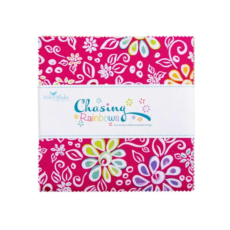 Chasing Rainbows 5 inch Stacker charm pack 42 pieces by Leslie Ryan Blooming Boldly Designs Riley Blake Designs floral rainbow