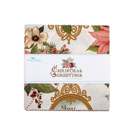 Christmas Greetings 5 inch Stacker charm pack precut quilt fabric by Sandy Gervais for Riley Blake Designs 5-17660-42