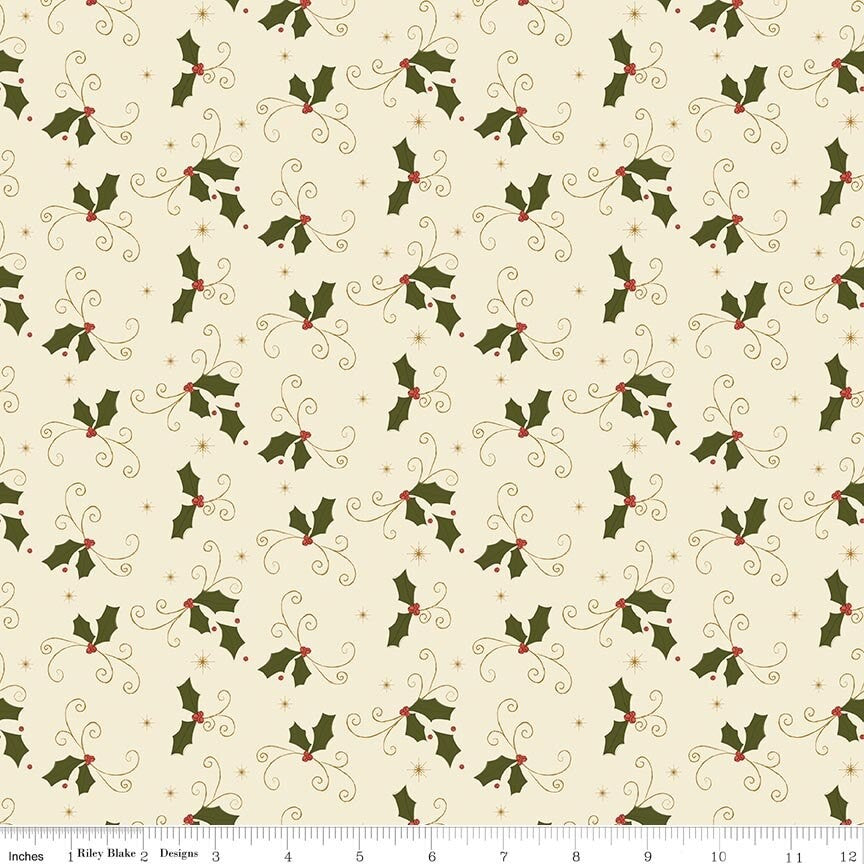 Christmas Greetings Holly Cream fabric by Sandy Gervais for Riley Blake Designs C17663-CREAM holly leaves berries cream