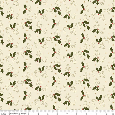 Christmas Greetings Holly Cream fabric by Sandy Gervais for Riley Blake Designs C17663-CREAM holly leaves berries cream