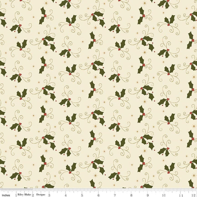 Christmas Greetings Holly Cream fabric by Sandy Gervais for Riley Blake Designs C17663-CREAM holly leaves berries cream