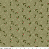 Christmas Greetings Holly Spruce fabric by Sandy Gervais for Riley Blake Designs C17663-SPRUCE holly leaves berries green