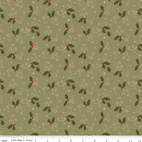 Christmas Greetings Holly Spruce fabric by Sandy Gervais for Riley Blake Designs C17663-SPRUCE holly leaves berries green