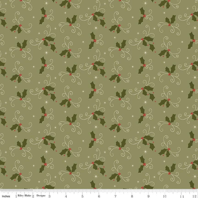 Christmas Greetings Holly Spruce fabric by Sandy Gervais for Riley Blake Designs C17663-SPRUCE holly leaves berries green