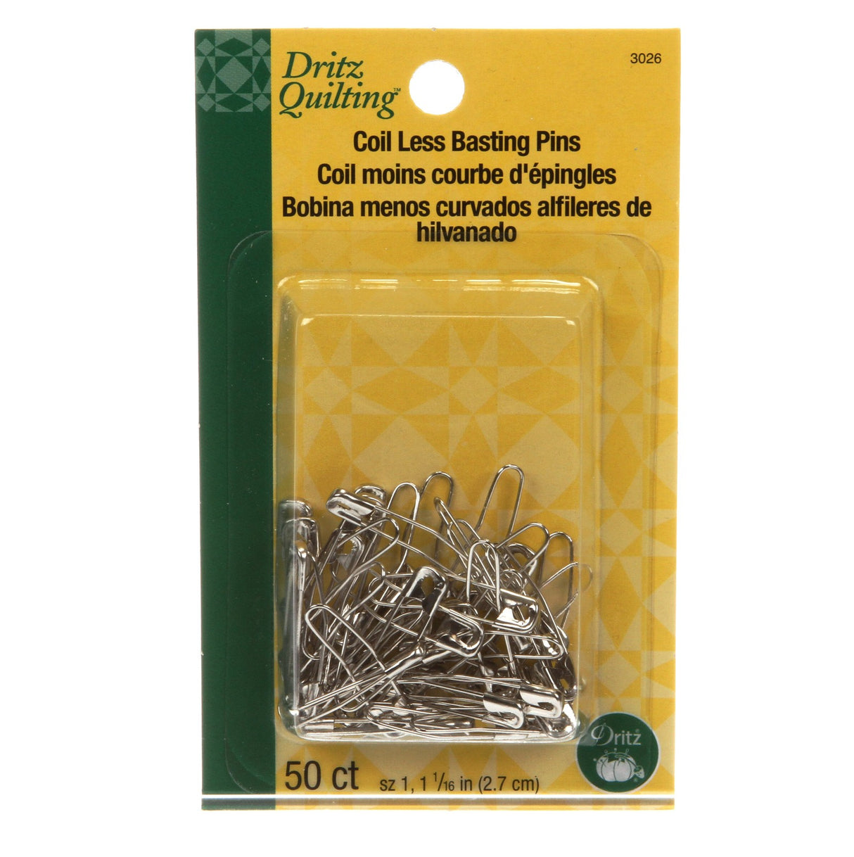 Dritz Coil-less Curved Safety Pins Size 1 50 count quilting basting pins