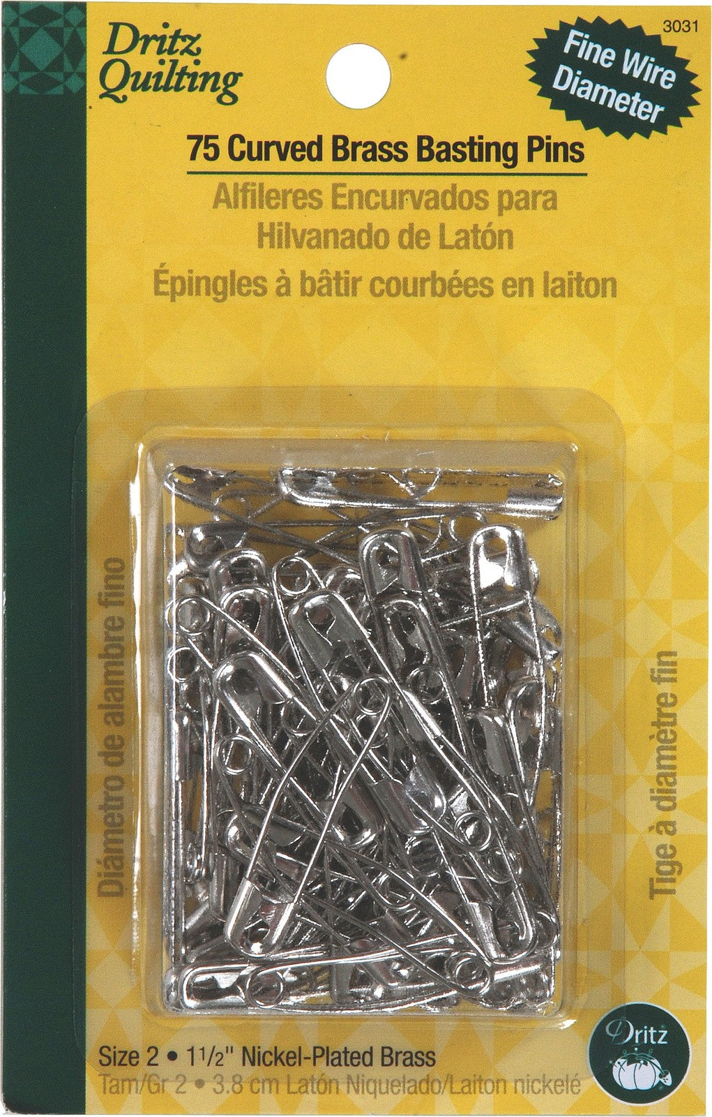 Dritz Curved Brass Basting Pins Size 2 75 count quilt basting safety pins