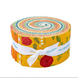 Roll of colorful fabric with a floral pattern on a white background