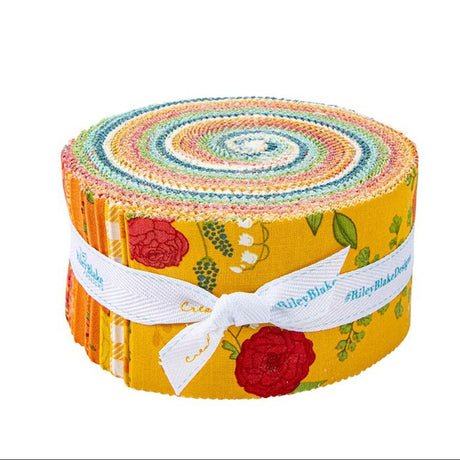 Roll of colorful fabric with a floral pattern on a white background