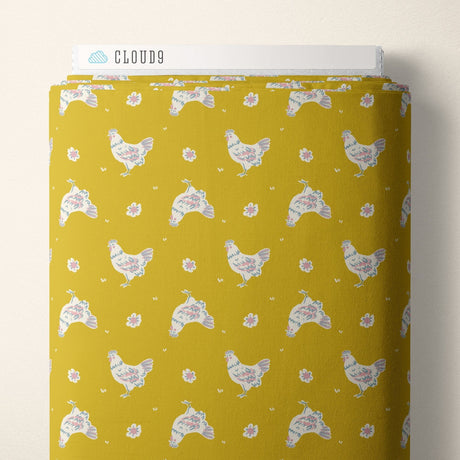 Happy Hens Gold fabric by Samantha Johnson for Cloud 9 Fabrics Happy Homestead by the yard organic cotton poplin hens