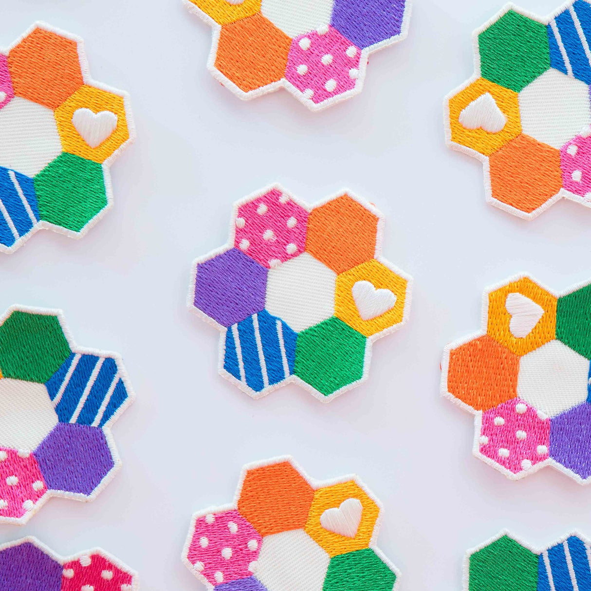 Hexie Quilt Iron-On Patch Sarah Hearts lifestyle application jacket bag hat quilting EPP