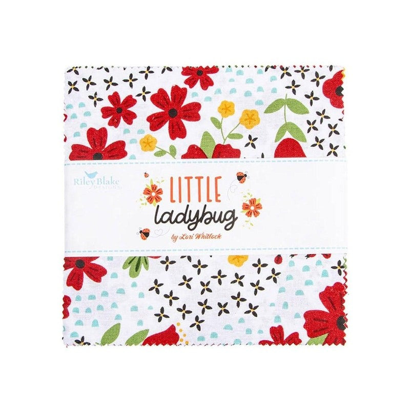 Little Ladybug 5 inch charm pack detail Lori Whitlock Riley Blake Designs red black white floral