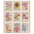 My Secret Garden Cloud Panel 20988 11 by Stacy Iest Hsu for Moda Fabrics – vintage flower seed packet blocks with sunflower, cosmos, marigold, zinnia and poppy on cream, 36 x 44 inch quilt panel