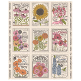 My Secret Garden Cloud Panel 20988 11 by Stacy Iest Hsu for Moda Fabrics – vintage flower seed packet blocks with sunflower, cosmos, marigold, zinnia and poppy on cream, 36 x 44 inch quilt panel