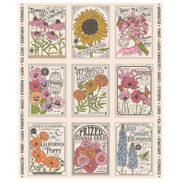 My Secret Garden Cloud Panel 20988 11 by Stacy Iest Hsu for Moda Fabrics – vintage flower seed packet blocks with sunflower, cosmos, marigold, zinnia and poppy on cream, 36 x 44 inch quilt panel