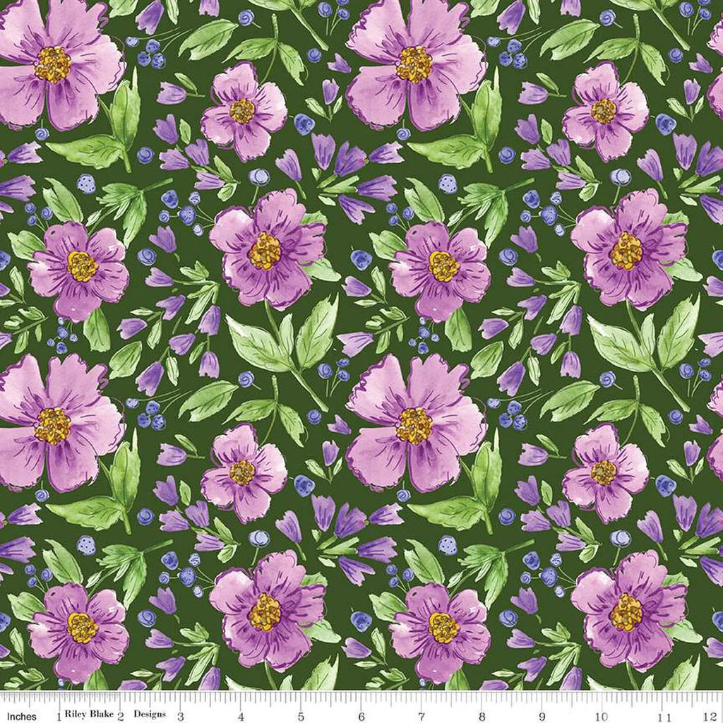 Plum Petals Main in Green - purple and green floral fabric by the yard