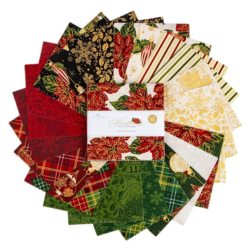 Poinsettias at Christmas 5 inch charm pack 42 pieces Jennifer Bosworth Riley Blake Designs holiday poinsettia